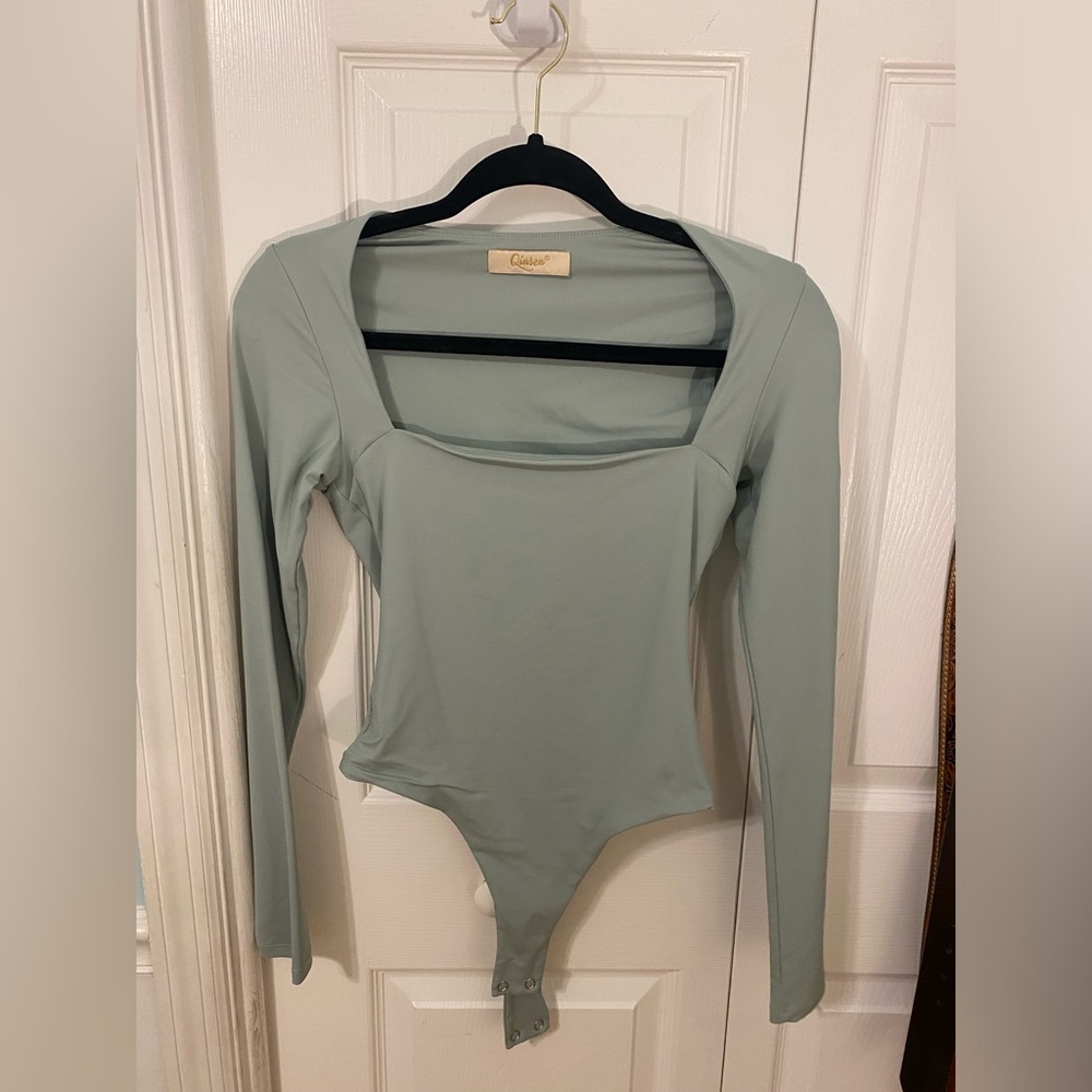 QINSEN Women's Sexy Square Neck Bodysuit Long Sleeve Double Lined Shirt Tops